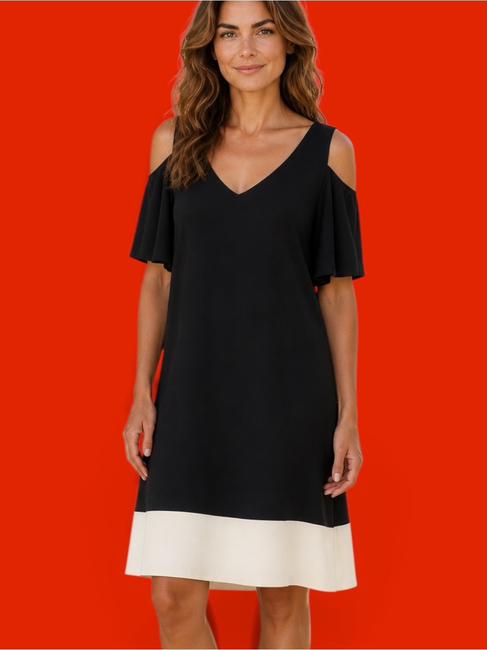 Dress- Elegant Black and Cream Dress with a Cold Shoulder Design  Size Large